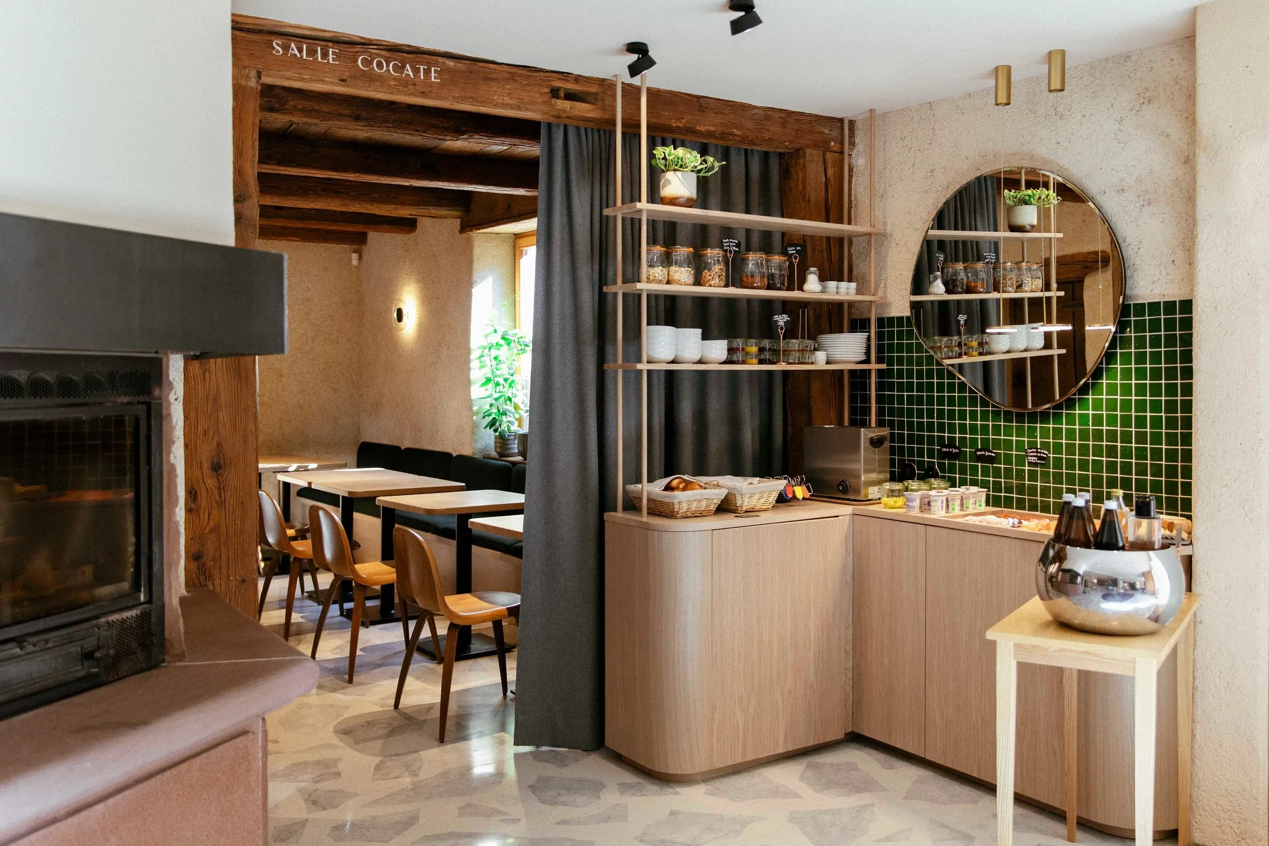 Cozy rustic cafe interior with wooden tables
