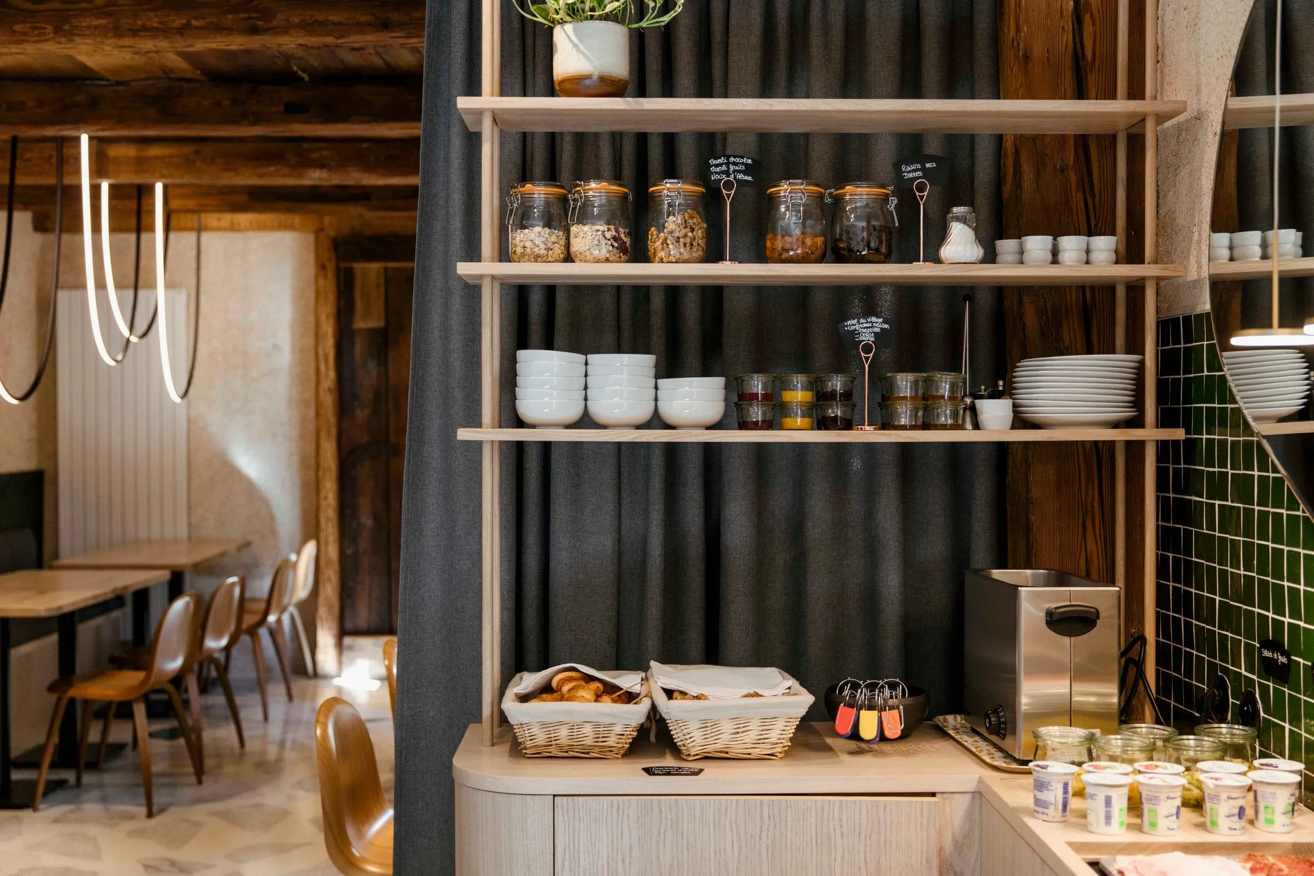 Breakfast buffet with jars and baskets
