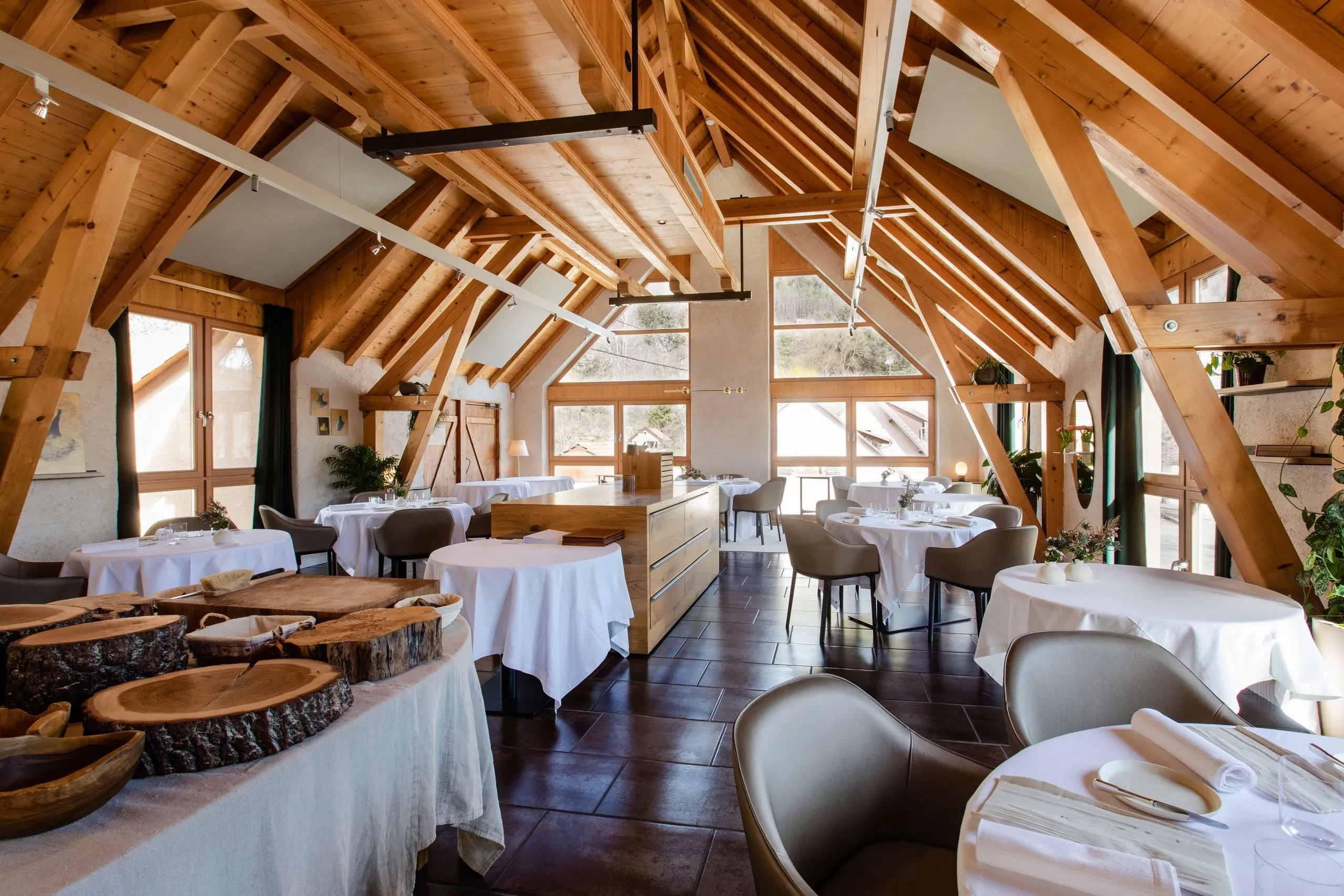 Cozy wooden-beamed restaurant interior