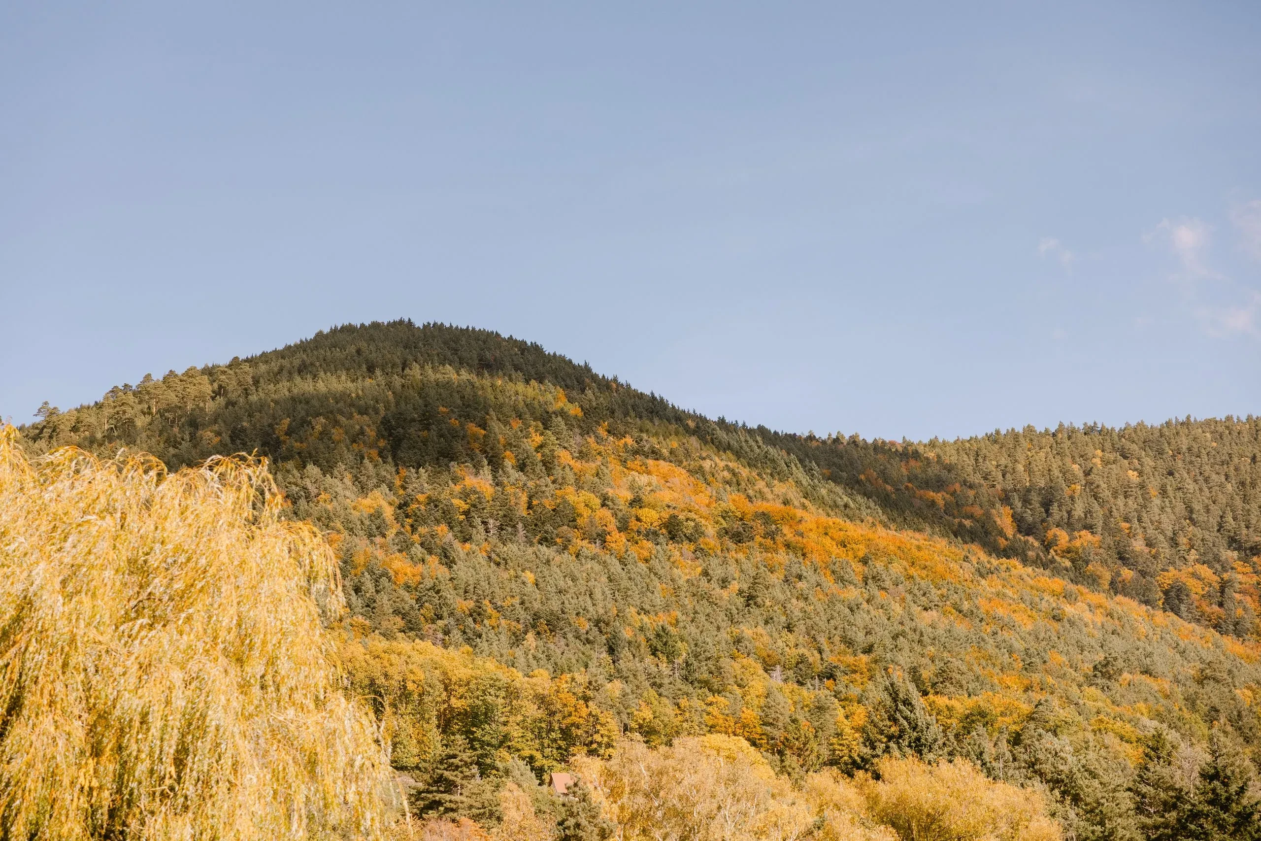 Scenic autumn mountain landscape under clear sky