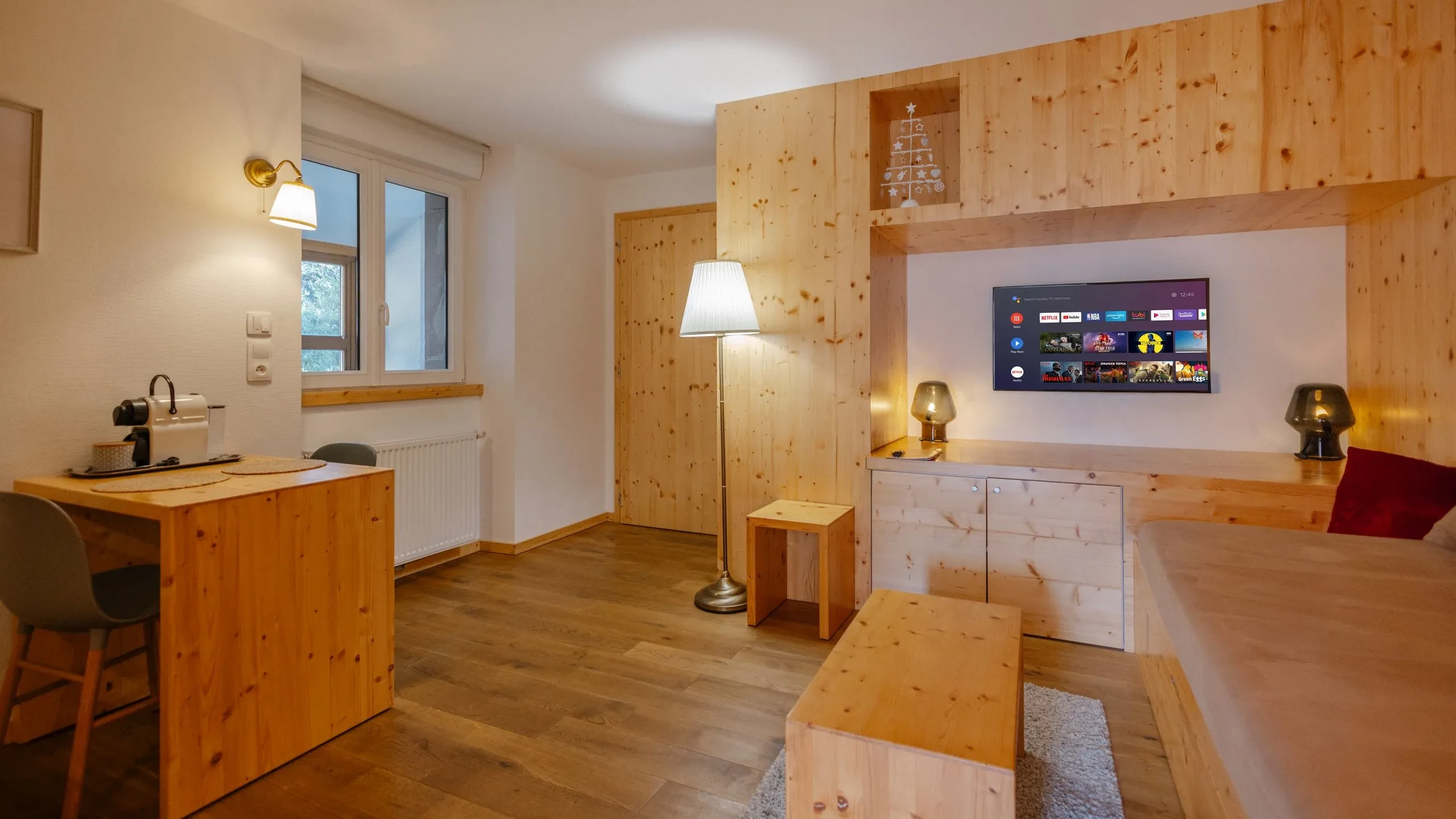Cozy modern living room with wood accents